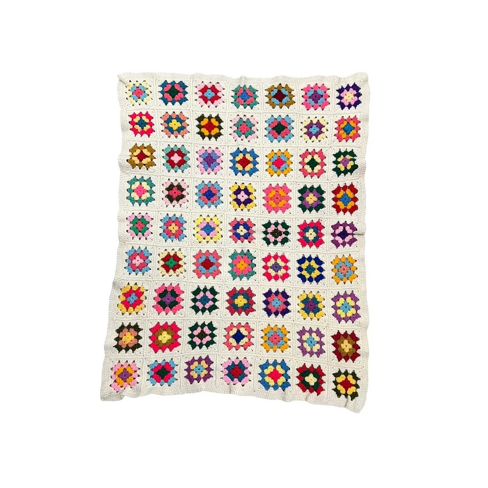 Vintage Handmade Granny Square Crochet Throw Blanket 45x34